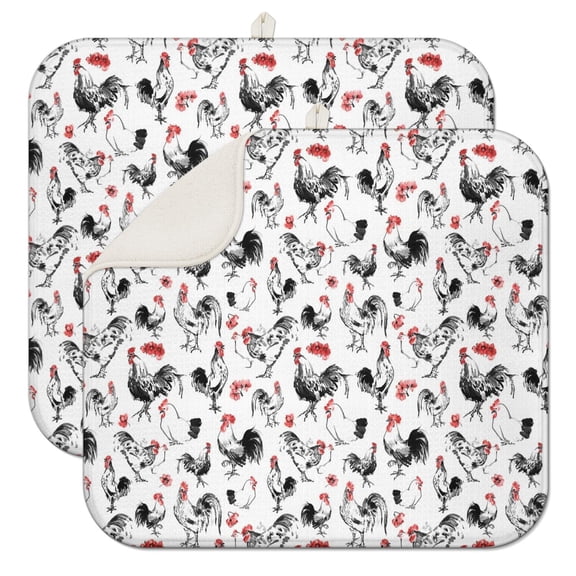 Red Flower Chicken Pattern Dish Drying Mat for Kitchen 1 Pack, Ultra Absorbent Microfiber Dishes Drainer Mats,16"x18"