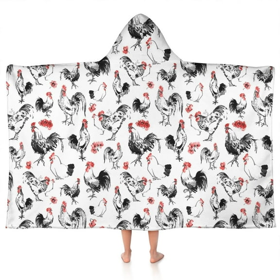 Red Flower Chicken Pattern Hooded Bath Towel，50"x30" for Ages 3 To 12 Kids, Quick Dry Lightweight Soft Microfiber Hood Beach Towel Cover Up for Kids