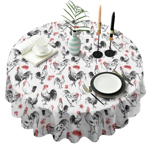 Red Flower Chicken Pattern Round Tablecloth 60"x60",Wrinkle Wipeable Table Cloth for Kitchen Dining Room Picnic Patio Party