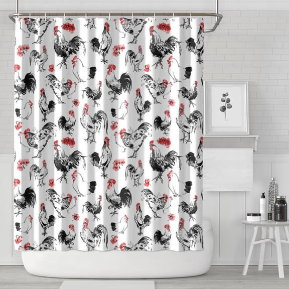Red Flower Chicken Pattern Shower Curtain 84"x72" ,Bathroom Decorative Shower Curtains Set with 12 Hooks,Modern Waterproof Washable Shower Curtain