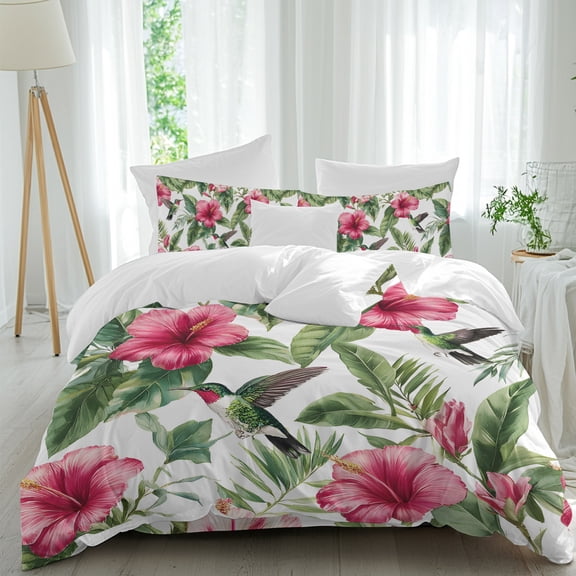 Red Flower Comforter Set Twin Size, Tropical Botanical Hibiscus Green Leaf Summer Soft Bedding Set for Man Woman, 4 Pieces Duvet Cover Set with Fitted Sheet, 2 Pillowcases