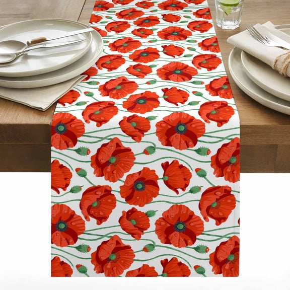 Red Flower Cotton Linen Table Runner Modern Spring Dewdrop Red Floral Greenery Plant Dining Table Runners for Home Decor Party Dining Room Restaurant Kitchen 13" x 48"