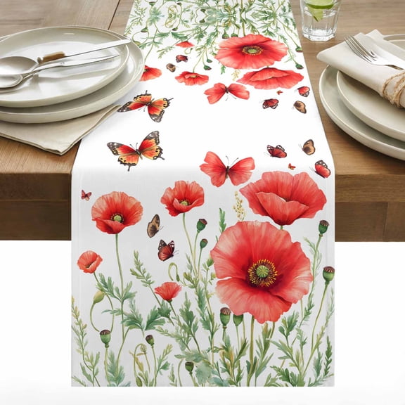 Red Flower Cotton Linen Table Runner Spring Butterfly Dining Table Runners for Home Decor Party Dining Room Restaurant Kitchen 13" x 48"