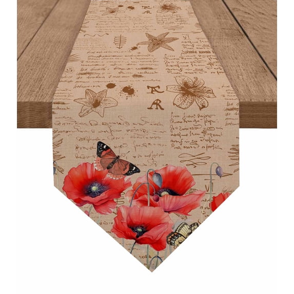 Red Flower Cotton and Linen Triangle Table Runners 48 Inches, Dresser Scarves Table Decoration for Wedding Party/Graduation Ceremony/Banquet 13x48 Watercolor Abstract Ink Floral Retro Brown