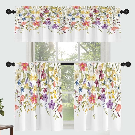 Red Flower Curtains for Kitchen Bathroom Yellow Flower Print Rod Pocket Window Curtain Set 3 Pcs Modern Simple Flower Leaf Printed Curtains 54 x 18 + 27 x 36 * 2
