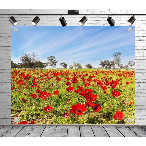 Red Flower Field Backdrop | Polyester Fabric Banners Decorative Curtains for Wedding Photoshoot Birthday Party Theme Photography Background Home Decoration Baby Shower Studio Props