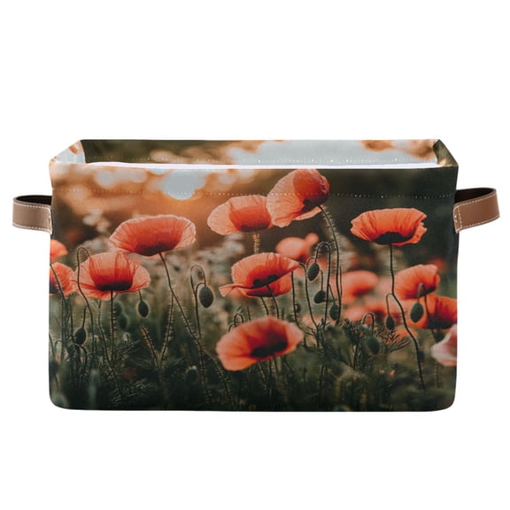 Red Flower Field Foldable Storage Basket,Canvas Fabric Foldable Storage Bins with Handles Open Home Storage Bins Boxes for Toy Book Shelf Closet Baskets