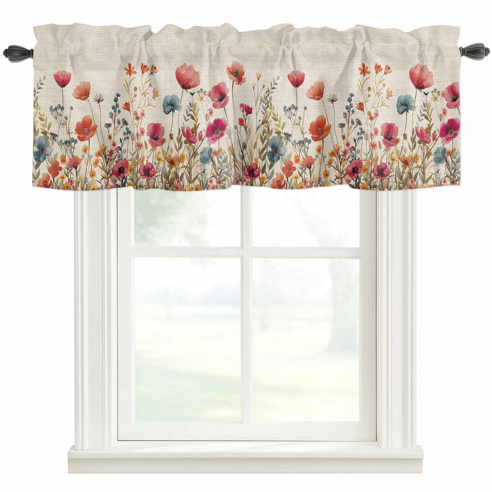Red Flower Floral Leaves Window Valance Curtain Branch Plant Nature Rod ...
