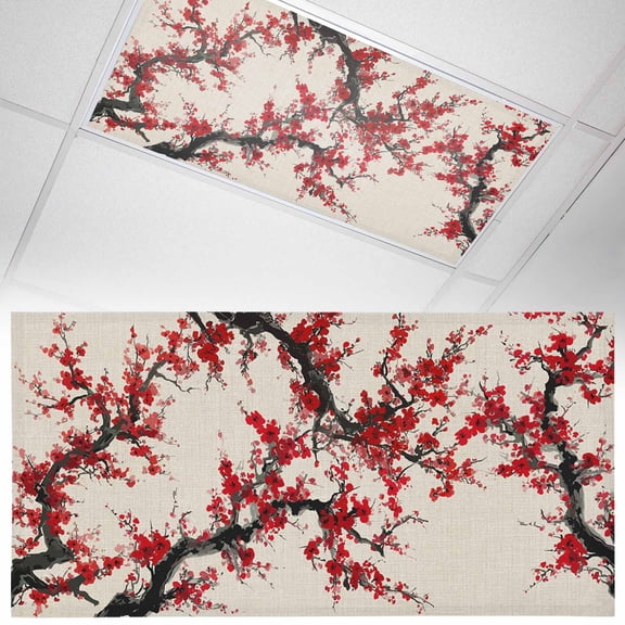 Red Flower Fluorescent Light Covers Spring Floral Branch Water Ink Painting Retro Magnetic Light Filters Ceiling Lighting Panel Shade for Classroom Office Home 2 x 4 ft, 1 Pack