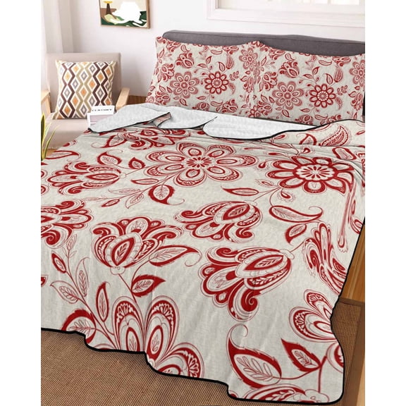 Red Flower Full Size Down Alternative Comforter, Lightweight Comforter Quilt Bedding Set with Pillow Shams Farmhouse Pastoral Vintage Ethnic Floral All Seasons Bed Comforter Duvet Insert 78"x90"