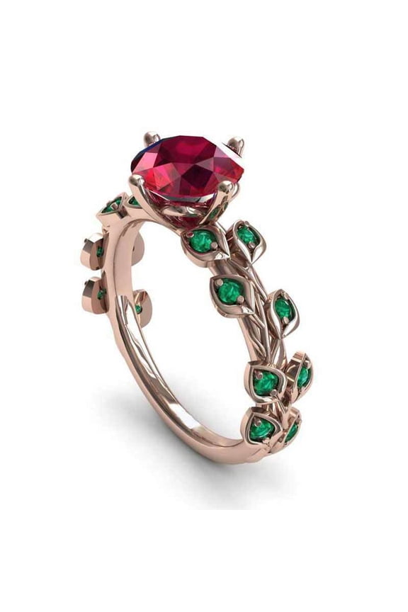 Red Flower Green Leaf Diamond Ring Copper Rose Gold Tone Elegant Jewelry for Women Size 6 7 8 9 10 Elegant Gift