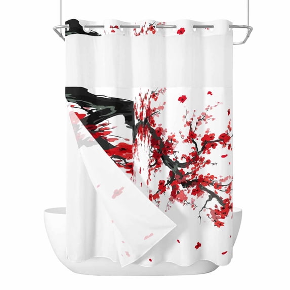 Red Flower No Hooks Shower Curtain with Snap-in Liner Spring Floral Branch Water Ink Painting Gradient Shower Curtains for Bathroom, Waterproof, Easy Install, Washable 60"x72"
