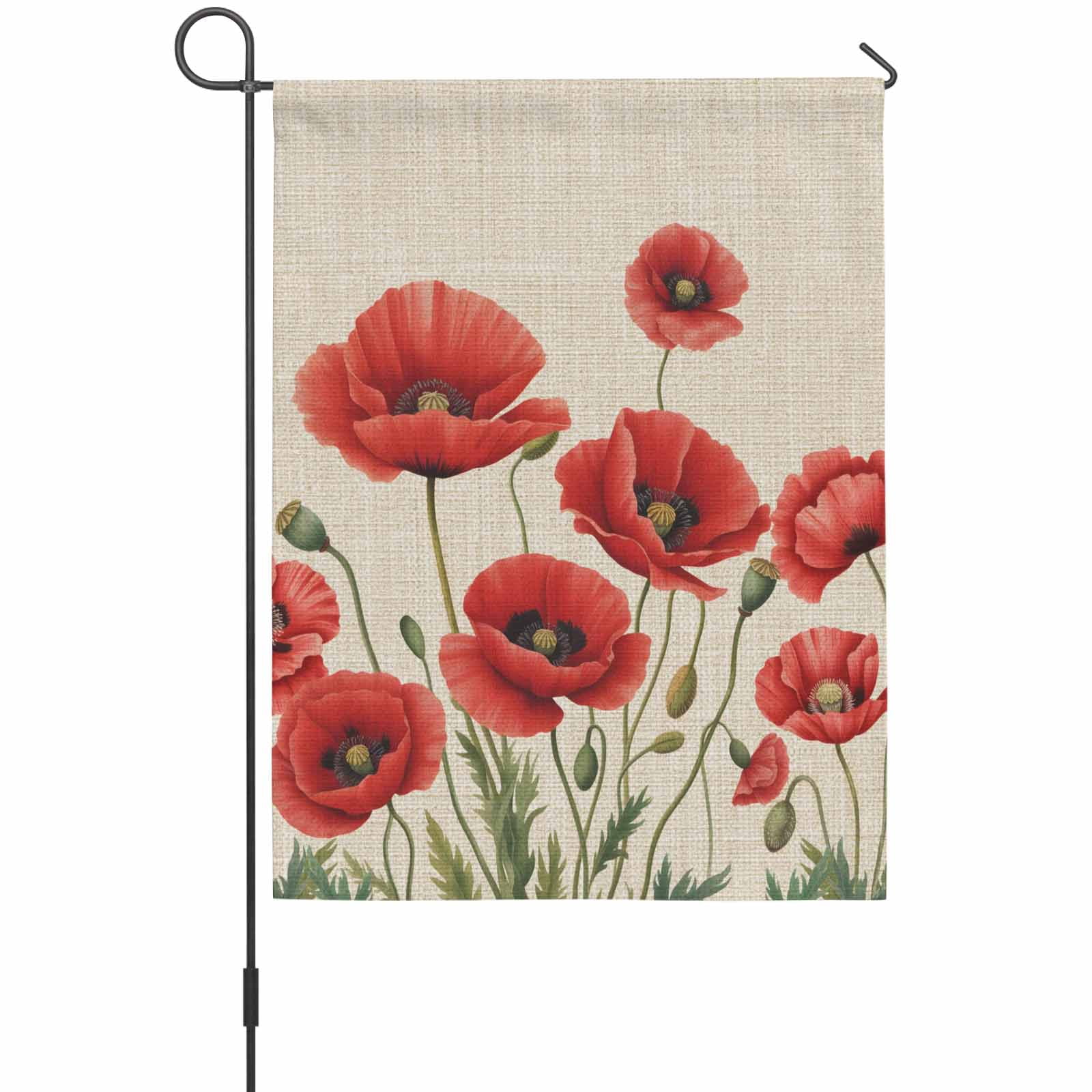 Red Flower House Flags For Outdoor, Vintage Linen Floral Spring Plant Green Leaf Small Double Side Yard Flags Weather Proof House Decor for Lawn Outside Holiday 28 x 40 Inches