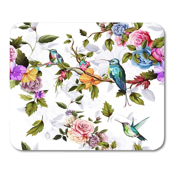 Red Flower Humming Bird Roses Peony Leaves on White Watercolor Pattern Blue Floral Mousepad Mouse Pad Mouse Mat 9x10 inch