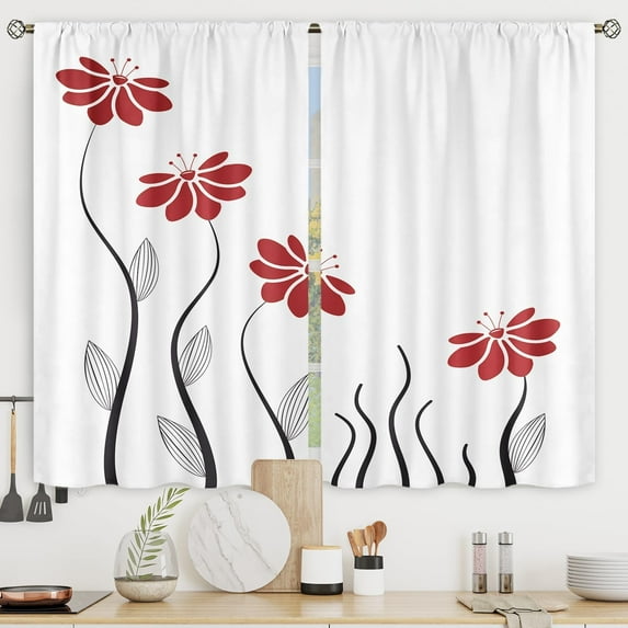 Red Flower Kitchen Curtains Floral Petals Rod Pocket Leaves Lines Woman Girl White Plant Silhouettes Printed Living Room Bedroom Window Drapes Treatment Fabric 2 Panels 27.5 x 36 Inch WW-TGNA