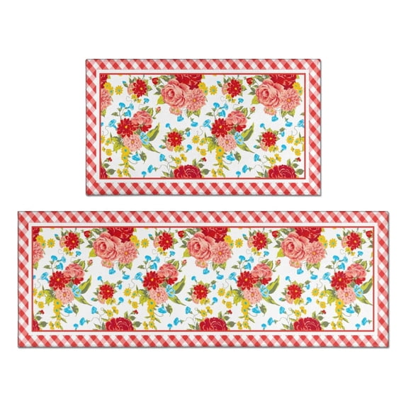 Red Flower Kitchen Mat Non-Slip Quick Dry Pioneer Flower Woman Kitchen Laundry Room Rugs 17x30+17x47 Inchs