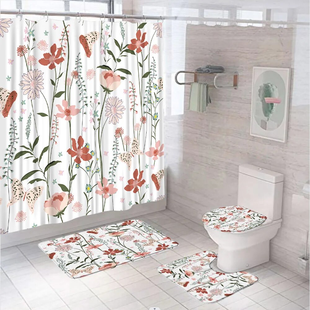 Red Flower Leaves Bathroom Set with Shower Curtain Rug Bath Mats Toilet Cover Spring Floral ...