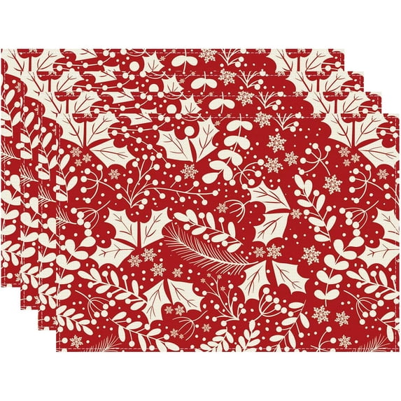 Red Flower Leaves Christmas Winter Xmas Cloth Placemats Set of 4 Table Mats Table Decorations 12x18 Inch