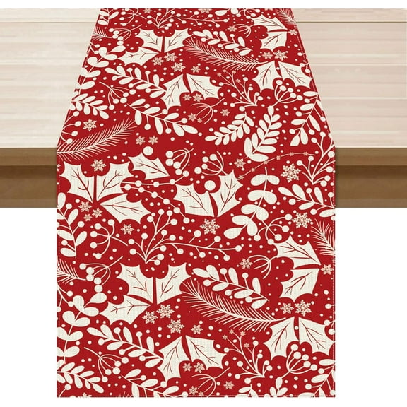 Red Flower Leaves Christmas Winter Xmas Cloth Table Runner Burlap Table Decoration for Home Kitchen Dining Dinner Indoor Holiday Farmhouse Decor 13x36 Inch