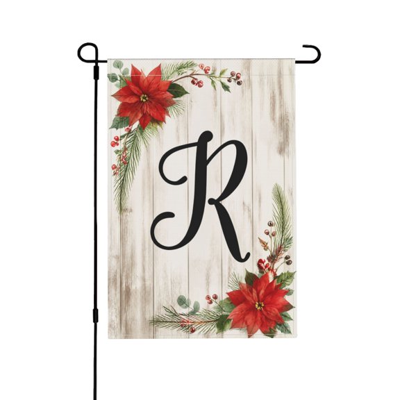 Red Flower Monogram Initial Letter R Wooden Style Garden Flag For Yard 12x18 in