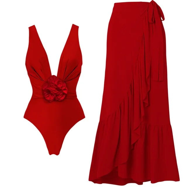 Red Flower One Piece Swimwear With Cover Up Trend Swimsuit 2024 Sexy
