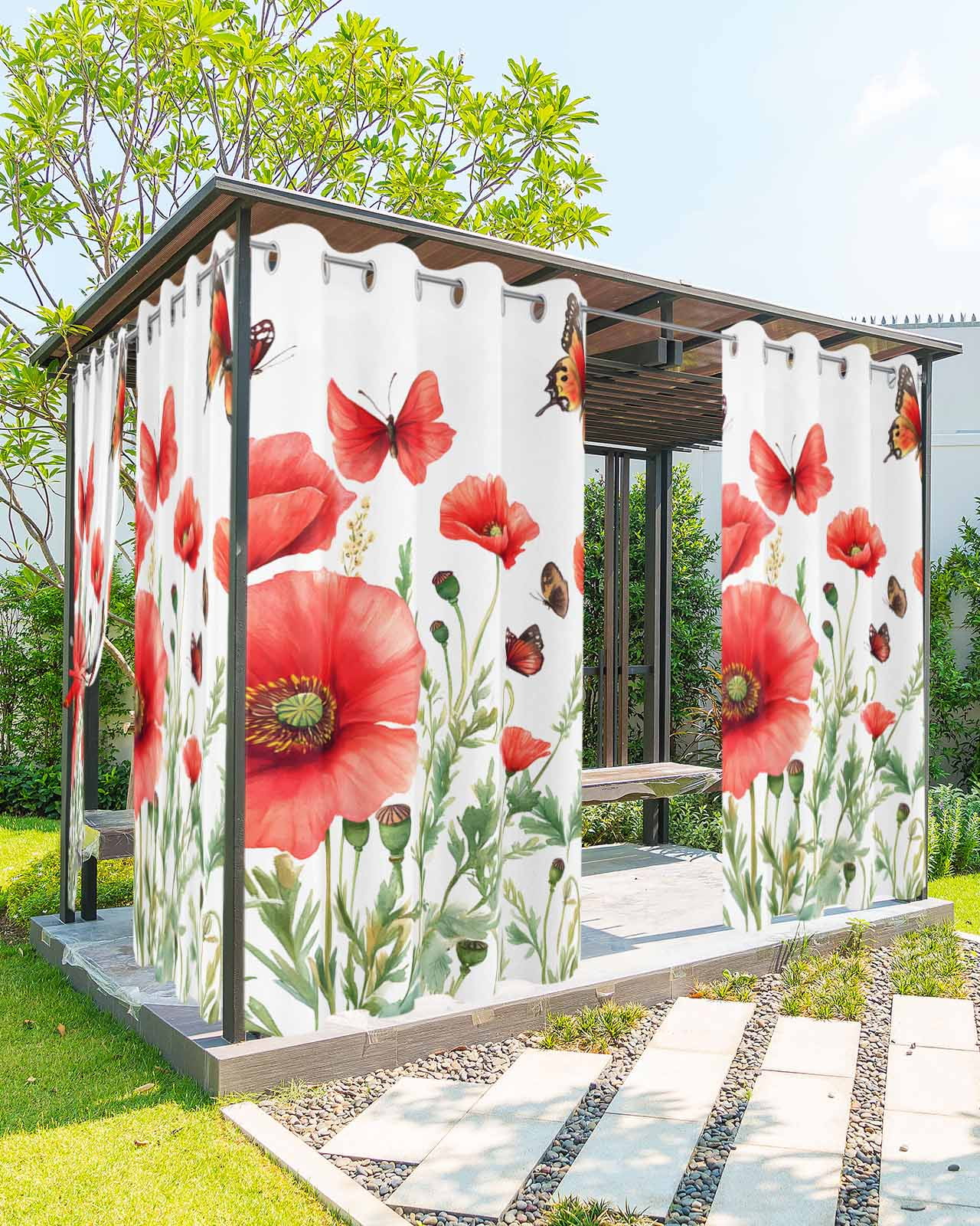 Red Flower Outdoor Curtains for Patio, Spring Butterfly Waterproof Weatherproof Outside Privacy Curtains Outdoor Drapes for Porch Pergola Gazebo 54x84 Inch, 2 Panel