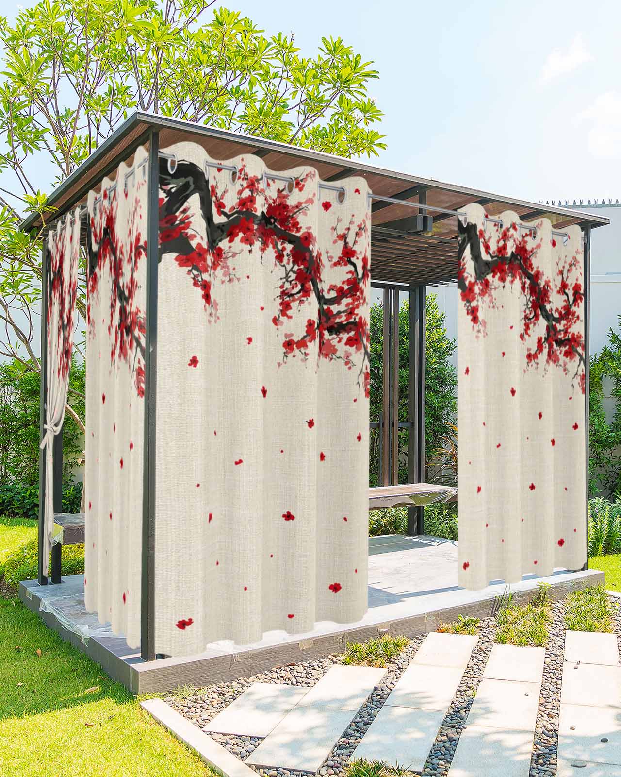 Red Flower Outdoor Curtains for Patio, Spring Floral Branch Water Ink ...