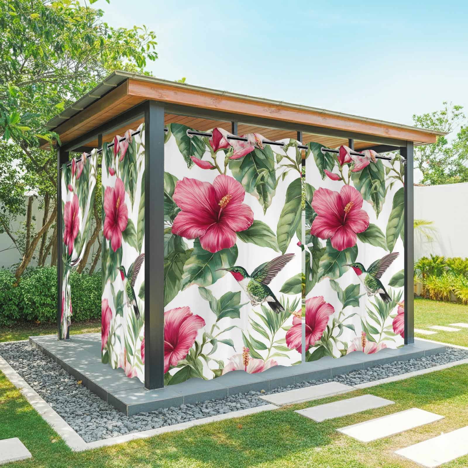 Red Flower Outdoor Curtains for Patio, Tropical Botanical Hibiscus Green Leaf Summer Sunshade Privacy Drapes Grommet Waterproof Outside Curtains for Porch/Cabana/Balcony 54"x 108", 1 Panel