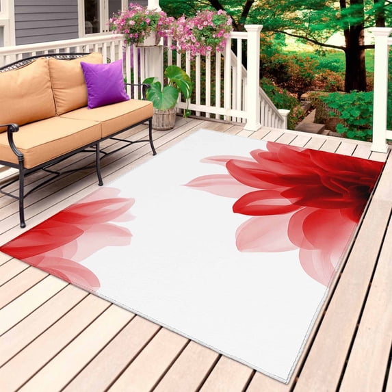 Red Flower Outdoor Rug for Patio/Deck/Porch, Non-Slip Large Area Rug 5 x 8 Ft, Boho Modern Floral Abstract Ombre Leaf White Indoor Outdoor Rugs Washable Area Rugs, Camping Rug Carpet Runner