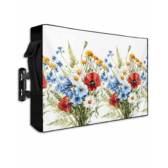 Red Flower Outdoor TV Cover 60 to 65 Inch Weatherproof, 4th of July Patriotic Blue Poppy Floral Daisy 600D Oxford TV Covers with Waterproof Zipper, Outside Flat TV Screen Protector 58"Wx37"Hx4.5"D