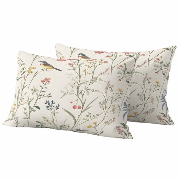 Red Flower Pillow Covers 2 Pack Bird Leaf Branch Farmhouse Pastoral Flowers Pillowcase Waterproof Outdoor Throw Pillow Cover for Patio Balcony Rectangular Cushion 20”x12”