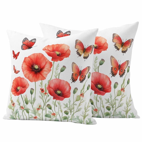 Red Flower Pillow Covers 2 Pack Butterfly Pillowcase Waterproof Outdoor Throw Pillow Cover for Patio Garden Square Cushion 26”x26”