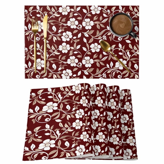 Red Flower Placemats Set of 1, Country Retro Pastoral Floral Leaf Pattern Non-Slip Place Mats Washable Table Mats for Kitchen Dining Table Decorations Indoor/Outdoor
