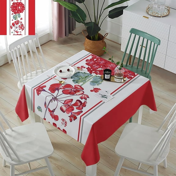 Red Flower Rectangle/Square/Round Waterproof Tablecloths 52x52 inch Spring Floral Summer Botanical Res Striped Polyester Table Cloth Table Cover Tabletop for Wedding Party Dinner
