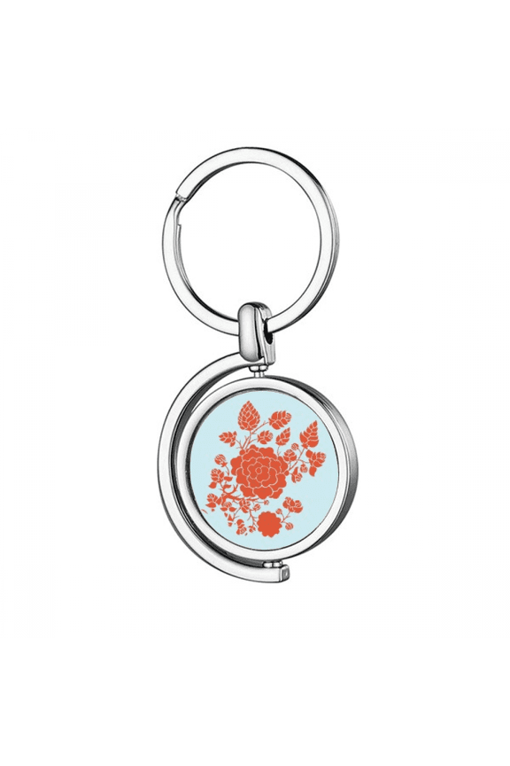 Red Flower Rose Pattern Rotating Keychain Metal Keyring Holder