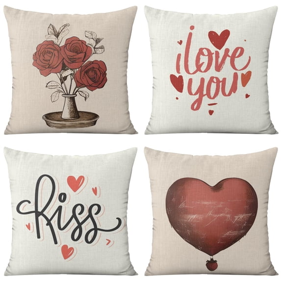 Red Flower Roses Balloon Valentine's Day Throw Pillow Covers 18 X 18 Inch, Set Of 4, Linen Study Sofa Cushion Cover Indoor Living Room Home Decor