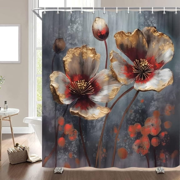 Red Flower Shower Curtain Retro Burgundy Floral Grey Gold Vintage Chic Bloom Plant Abstract Art Bathroom Decor Curtains Polyester with Hooks-72"W x 72"L (Pack of 1)