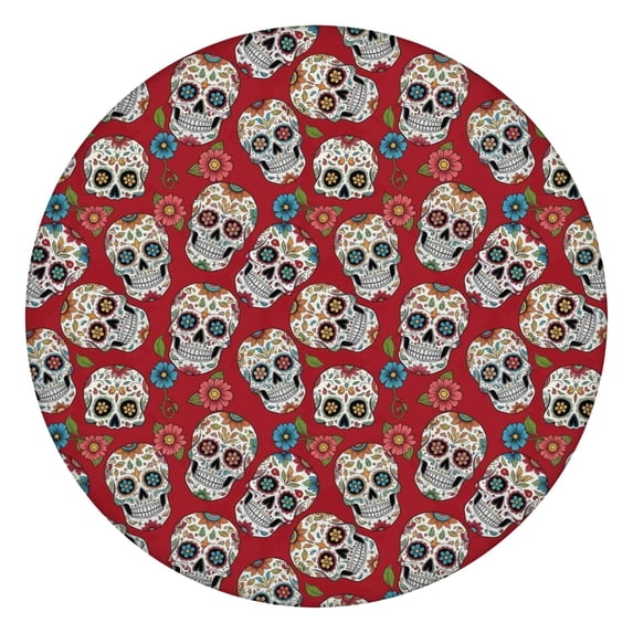 Red Flower Skull Pattern Round Fitted Tablecloth with Elastic Edge,Dining Table Cover Waterproof,Outdoor Round Tablecloth for Camping,Dining,Indoor and Outdoor