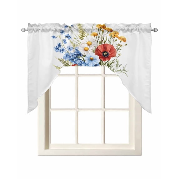 Red Flower Swag Valances for Windows, Small Curtains Drapes, 4th of July Patriotic Blue Poppy Floral Daisy Kitchen Window Curtains Over Sink Window Treatment Valance for Bedroom/Bathroom 56"x36"