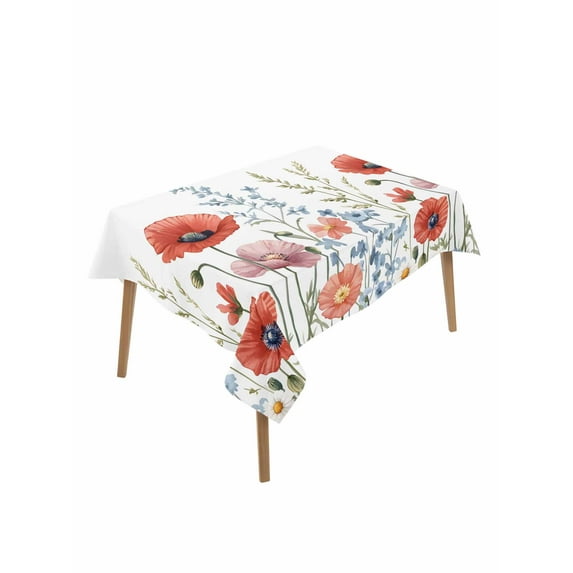 Red Flower Table Cloth, Botanical Blue Plant Pink Garden Poppy Floral Waterproof Tablecloth for Rectangle Tables, Reusable Washable Fabric Table Cover for Restaurant Kitchen Dining Tables 60"x84"