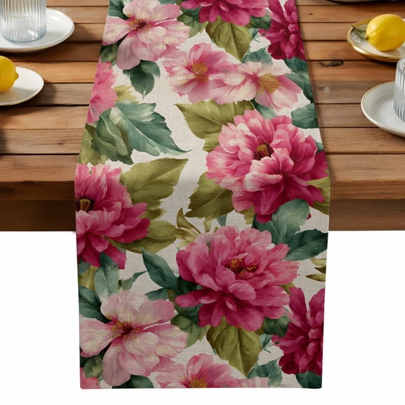Red Flower Table Runner, Watercolor Gradient Red White Floral Green Leaf Linen Texture Washable Kitchen Table Runners Dress Scarves for Dining Table Decorations Party, 13x72in