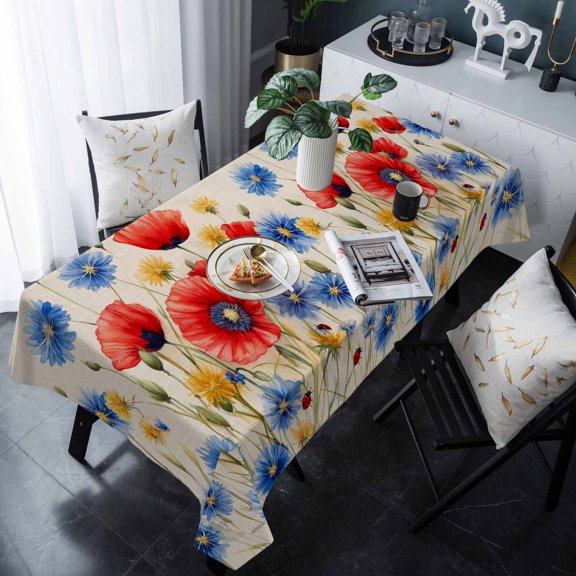 Red Flower Tablecloth Rectangle Table Cloths 54x108 , Waterproof Tablecloth Outdoor Table Cloth, Blue Garden Blossom Floral Independence Day Washable Table Cover for Kitchen Dining Party