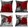 thumbnail image 1 of Red Flower Throw Pillows Covers 18x18 Set of 4 Red Rose Gray Black Decorative Pillow Covers for Couch Floral Linen Pillowcases Farmhouse Pillow Cases Summer Spring (Red Black), 1 of 6