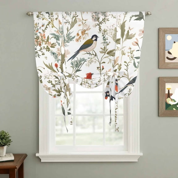 Red Flower Tie Up Curtain 45 Inches Long, Bird Leaf Pastoral Flowers Country Style Balloon Style Kitchen Window Curtain Over Sink, Small Window Rod Pocket Curtain 34"x45"
