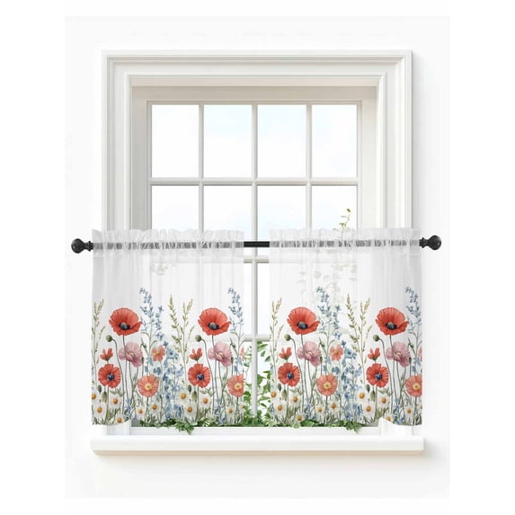 Red Flower Tier Curtains 24 Inch Length,Sheer Curtains for Bedroom Living Room Window Botanical Blue Plant Pink Garden Poppy Floral Small Half Window Kitchen Curtains & Drapes 27.5"x24" 2 Panels