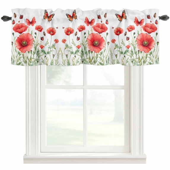 Red Flower Valances for Windows Spring Butterfly Rod Pocket Curtain Valance Window Treatment Short Curtains for Kitchen Living Room, 60"x14"