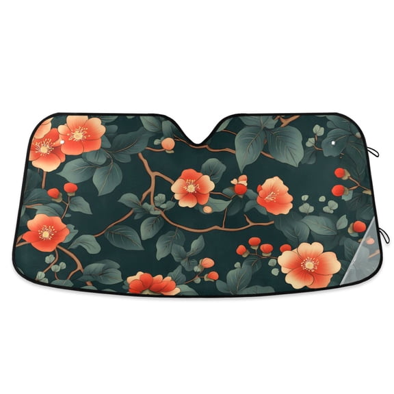 Red Flower and Green Leaf Car Windshield Sun Shade Foldable Car Front Window Visor Heat and UV Protection 55x27.6