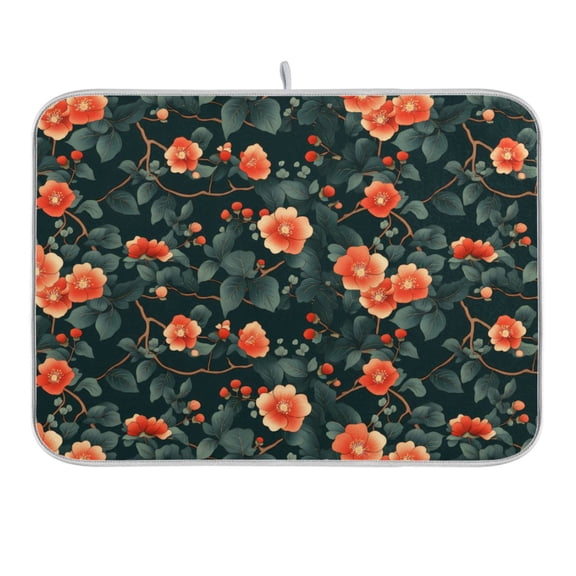 Red Flower and Green Leaf Dish Drying Mat 16x18 Absorbent Microfiber Draining Rack Pad for Kitchen Counter Sink