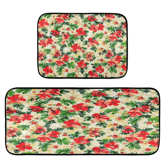 Red Flower and Leaf Print 2-Piece Kitchen Carpet Mat Set, Non-Slip Memory Foam, Soft for Kitchen and Living Room Use
