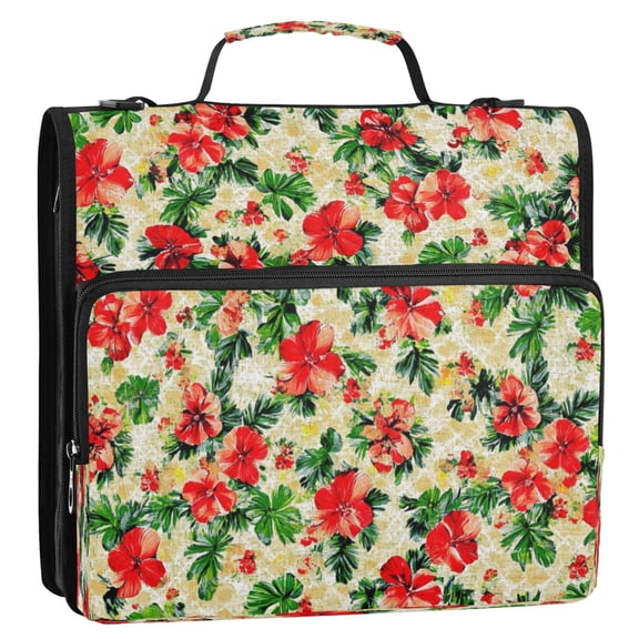 Red Flower and Leaf Print 3-Ring Binder Bag 13.6x12.4x3.5in Water-Resistant Canvas for School or Office Use
